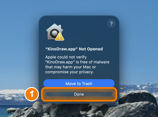 The message "KinoDraw.app Not Opened", with the Done button circled