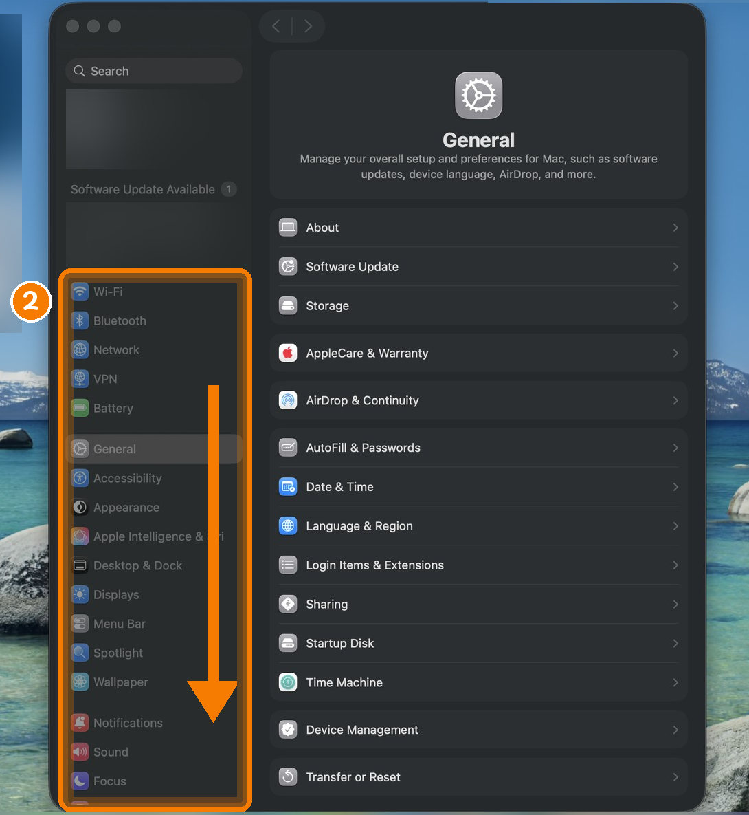 System Settings, with an arrow showing to scroll the left sidebar down