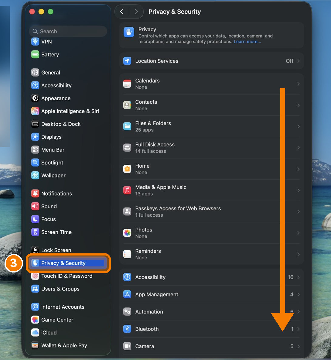 Privacy & Security circled in the sidebar, with an arrow showing to scroll the right side down