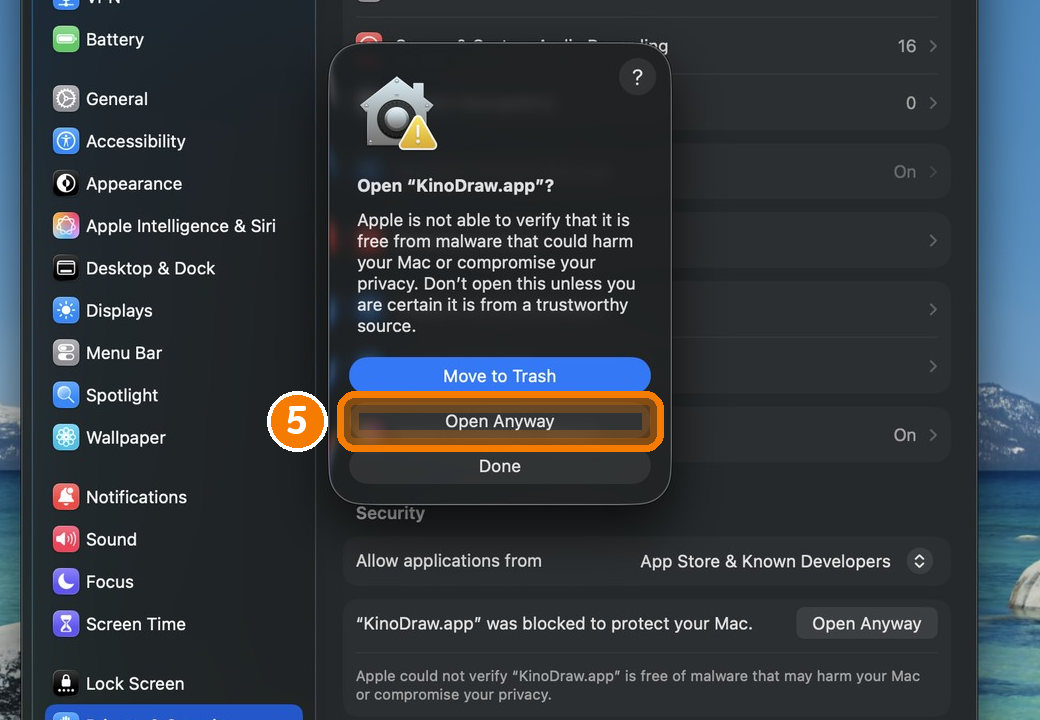 The question "Open KinoDraw.app?", with the Open Anyway button circled