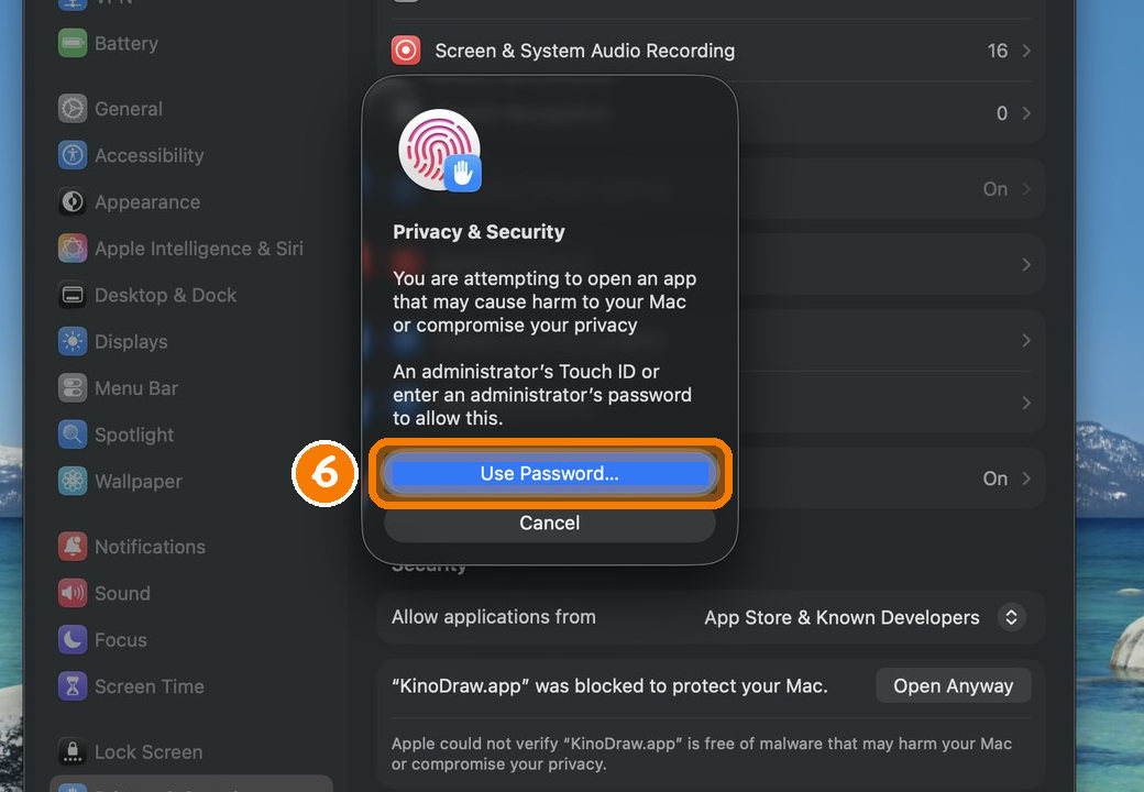 The Touch ID request, with the Use Password button circled